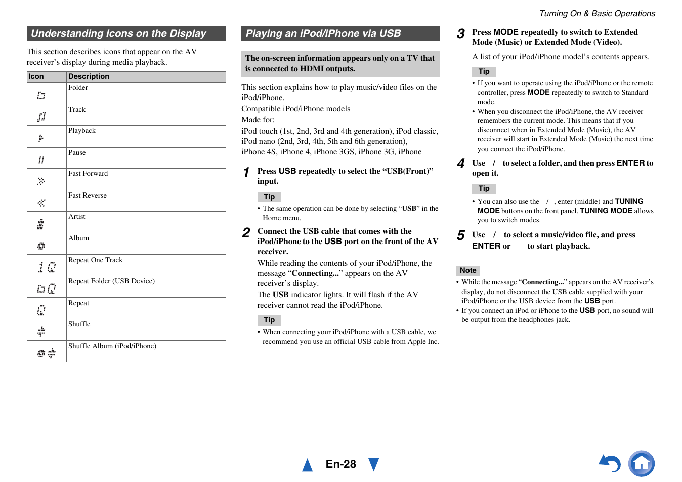 Understanding icons on the display, Playing an ipod/iphone via usb, En-28 | Onkyo Network A/V Receiver TX-NR1010 User Manual | Page 28 / 164