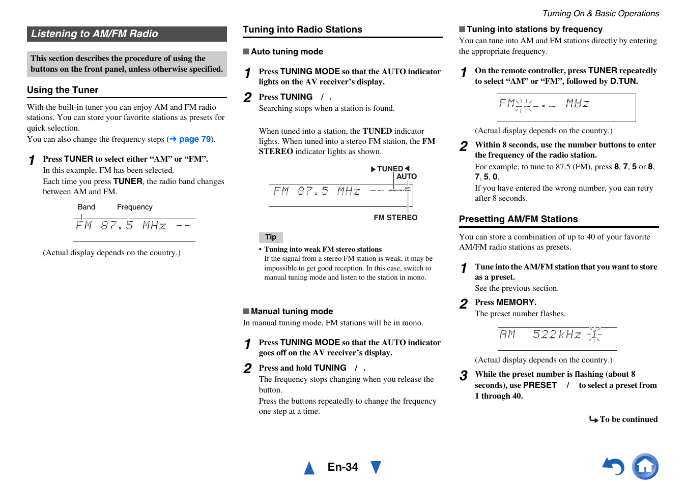 Listening to am/fm radio, Cursor and, Cator | Button | Onkyo Network A/V Receiver TX-NR1010 User Manual | Page 34 / 164