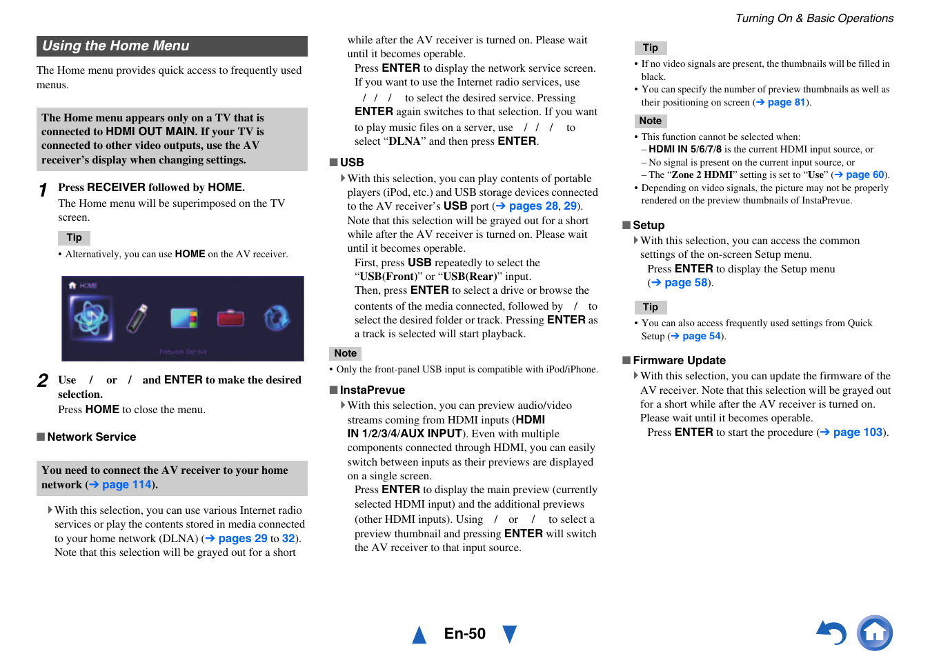 Using the home menu, En-50 | Onkyo Network A/V Receiver TX-NR1010 User Manual | Page 50 / 164