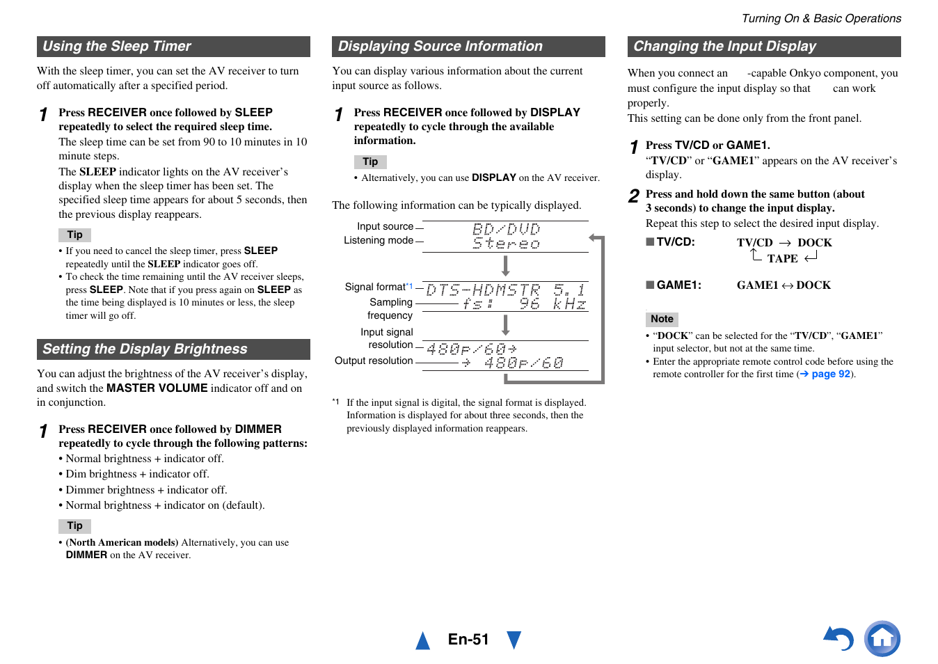 Using the sleep timer, Setting the display brightness, Displaying source information | Changing the input display, See “displaying source information, En-51 | Onkyo Network A/V Receiver TX-NR1010 User Manual | Page 51 / 164