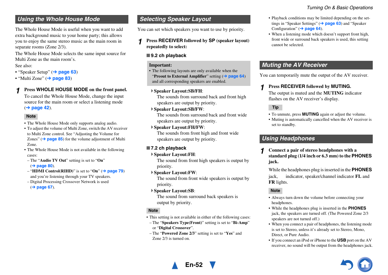 Using the whole house mode, Selecting speaker layout, Muting the av receiver | Using headphones, Jack, Iority. see “selecting speaker layout, See “selecting speaker layout, En-52 | Onkyo Network A/V Receiver TX-NR1010 User Manual | Page 52 / 164