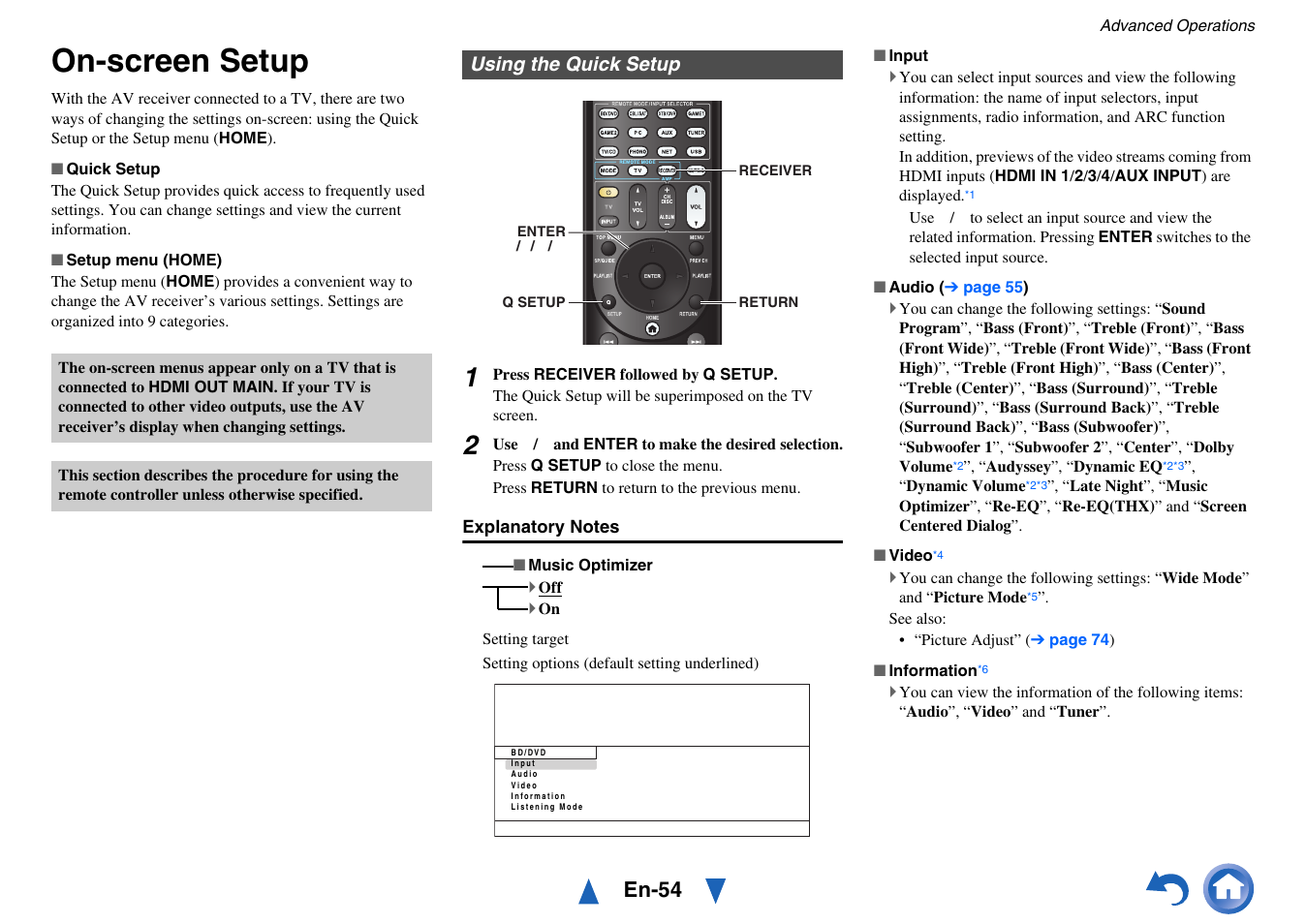 Advanced operations, On-screen setup, Using the quick setup | Button, See “on-screen setup, Details, Setup, En-54 | Onkyo Network A/V Receiver TX-NR1010 User Manual | Page 54 / 164