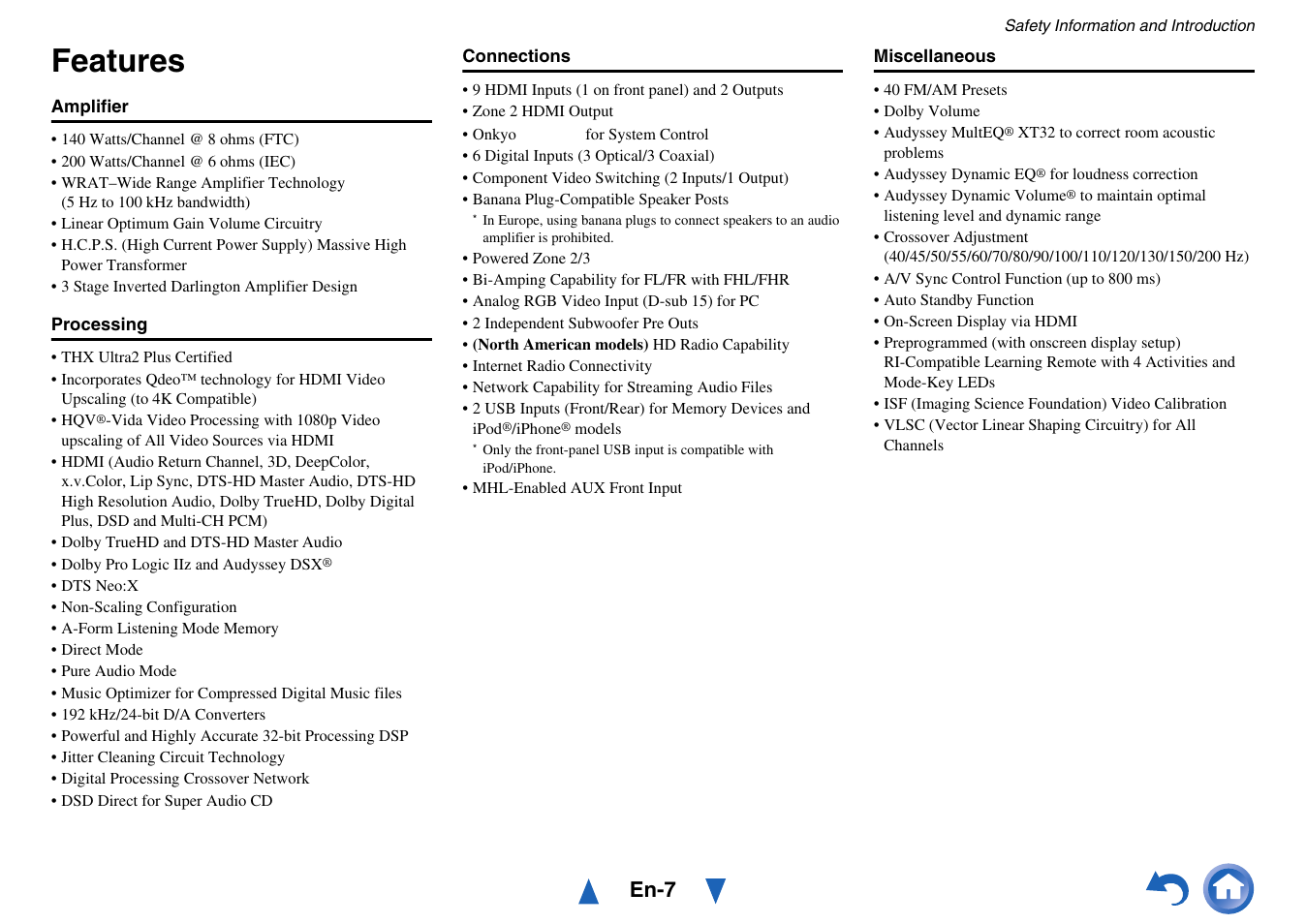 Features, En-7 | Onkyo Network A/V Receiver TX-NR1010 User Manual | Page 7 / 164