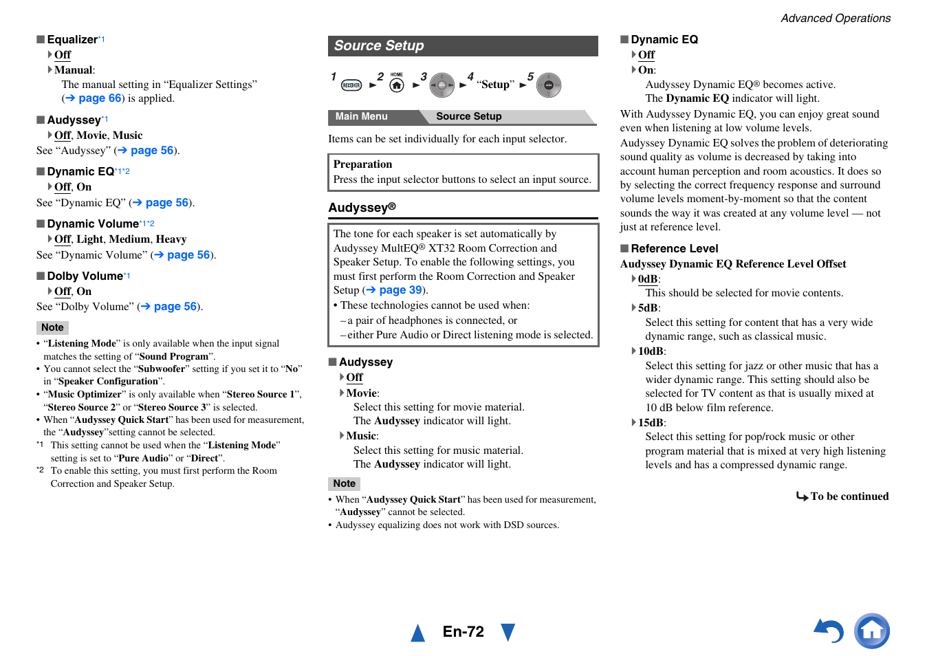 Source setup, Audyssey, Dynamic eq | See “audyssey” in “source setup, See “dynamic eq” in “source setup, E setup, En-72 | Onkyo Network A/V Receiver TX-NR1010 User Manual | Page 72 / 164
