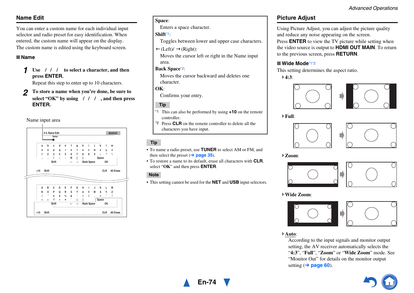 Picture adjust, En-74, Name edit | Onkyo Network A/V Receiver TX-NR1010 User Manual | Page 74 / 164