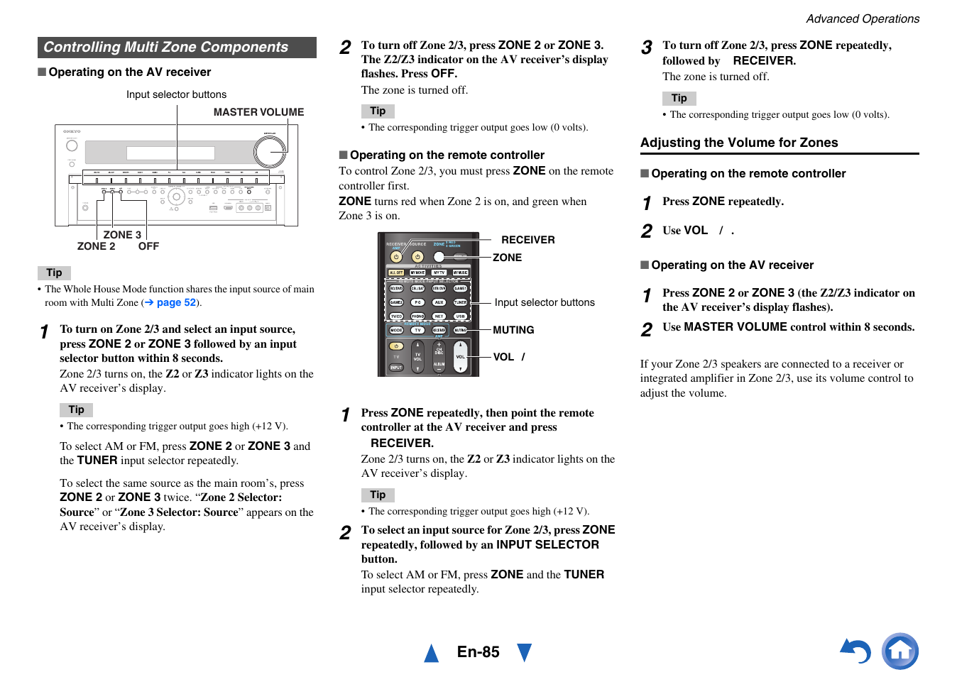 Controlling multi zone components, Cator, Adjusting the volume for zones | Onkyo Network A/V Receiver TX-NR1010 User Manual | Page 85 / 164