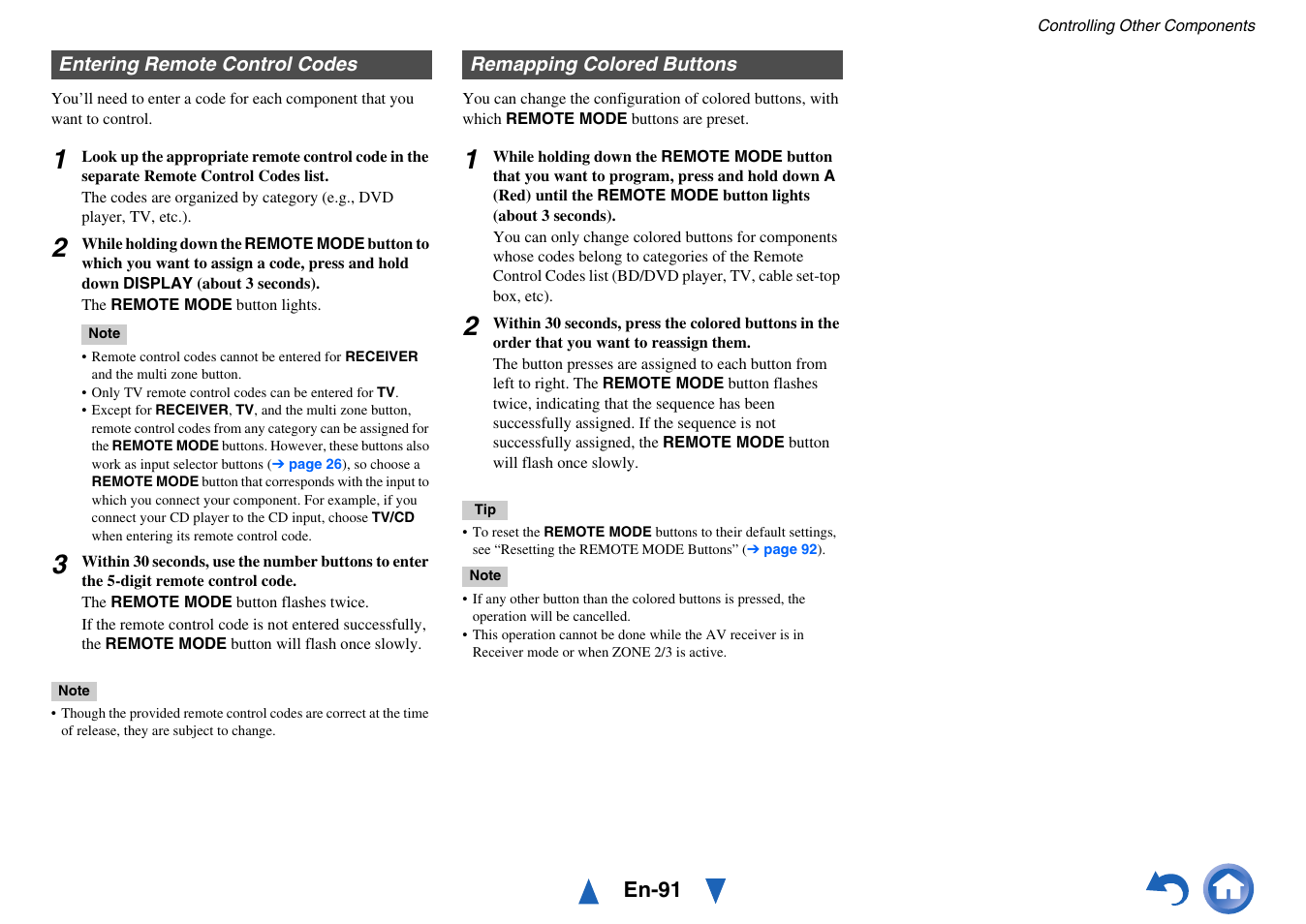 Entering remote control codes, Remapping colored buttons, E “entering remote control codes | Ails, See “entering remote control codes” for details | Onkyo Network A/V Receiver TX-NR1010 User Manual | Page 91 / 164