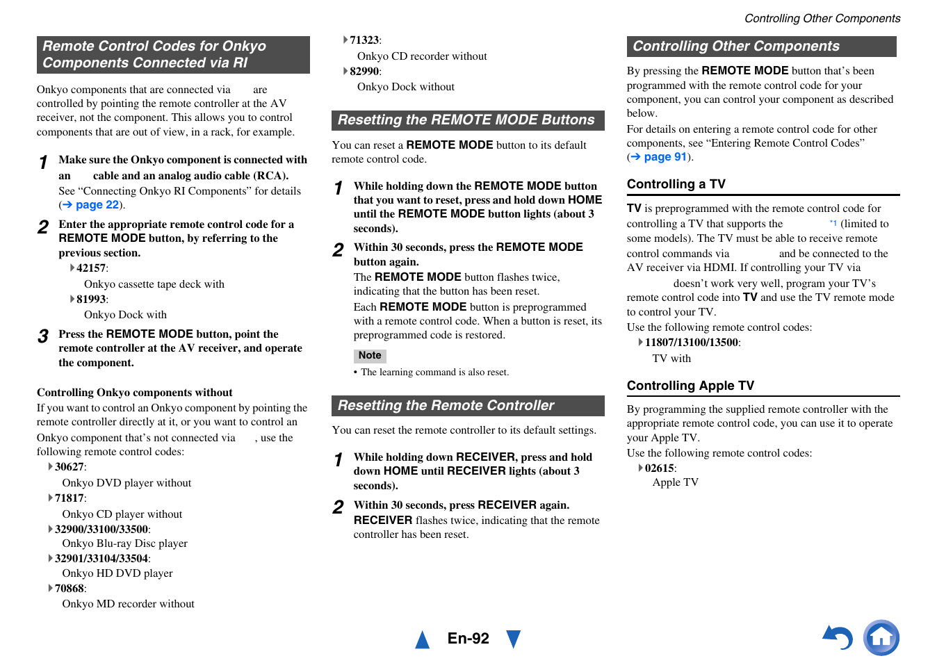 Resetting the remote mode buttons, Resetting the remote controller, Controlling other components | Remote control codes, For onkyo components connected via ri, E “resetting the remote mode buttons | Onkyo Network A/V Receiver TX-NR1010 User Manual | Page 92 / 164