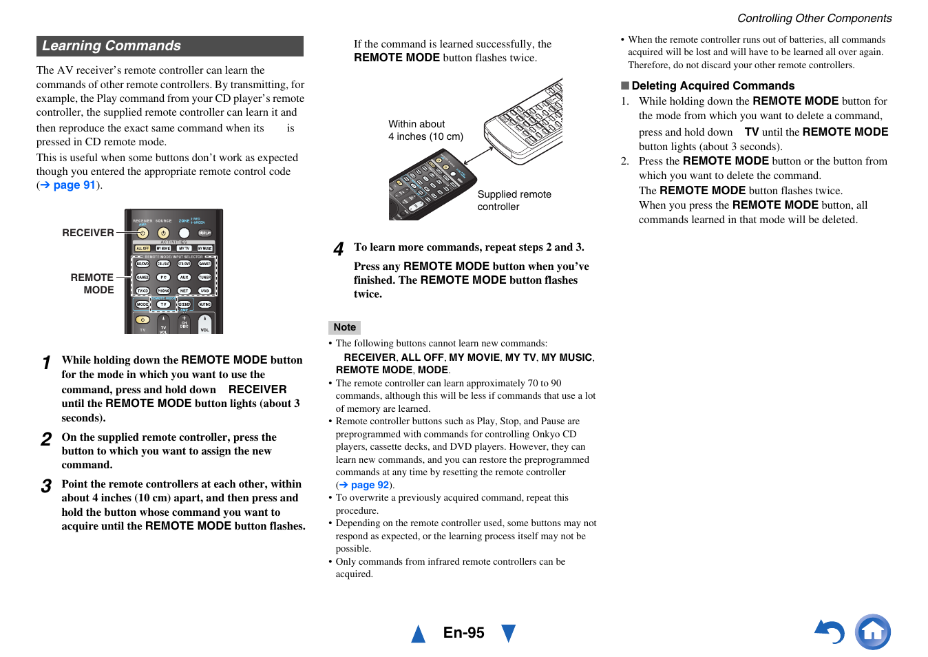 Learning commands, Ee “learning commands | Onkyo Network A/V Receiver TX-NR1010 User Manual | Page 95 / 164