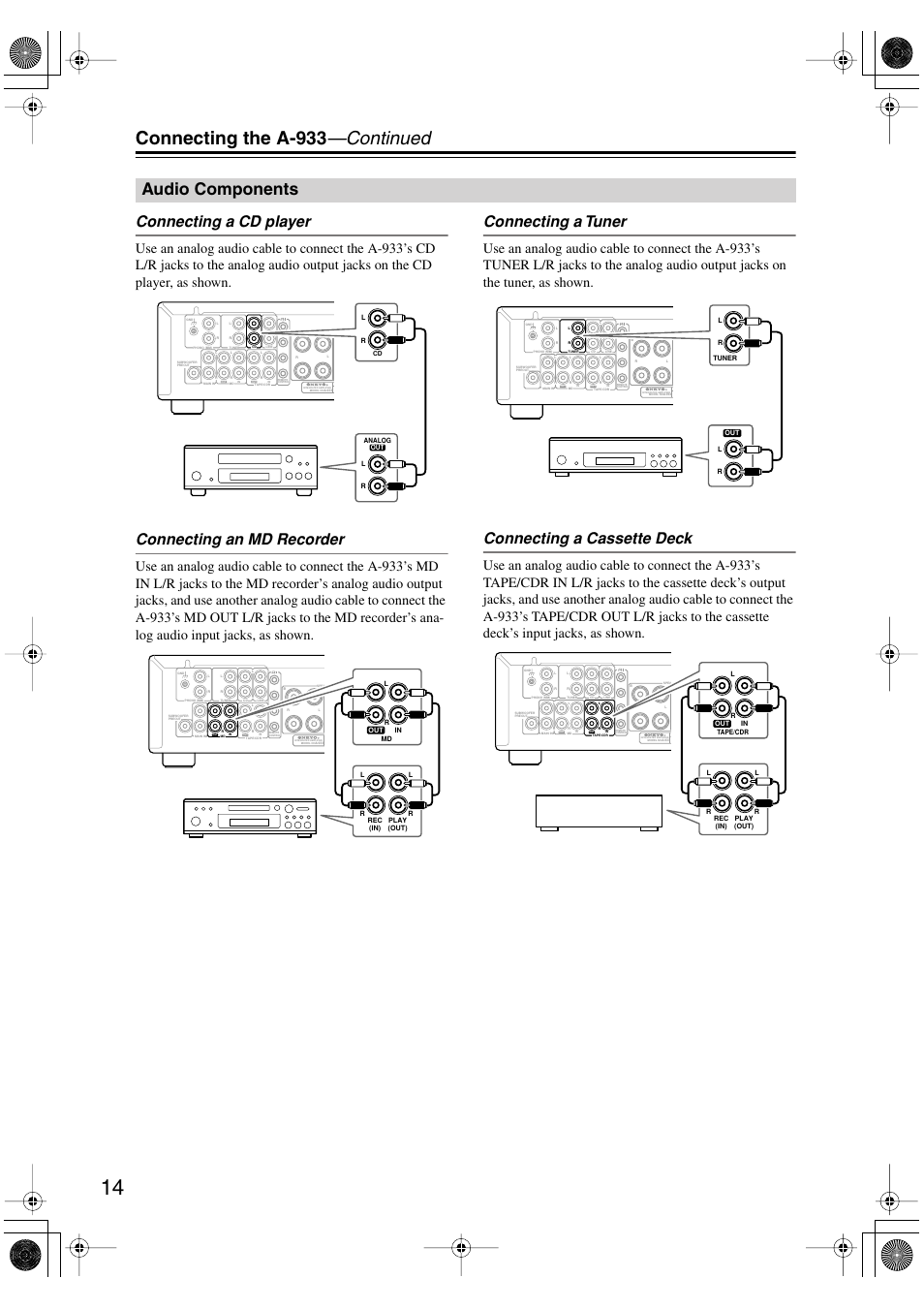 Connecting the a-933 —continued, Audio components, Connecting a cd player | Connecting an md recorder, Connecting a tuner, Connecting a cassette deck | Onkyo A-933 User Manual | Page 14 / 24