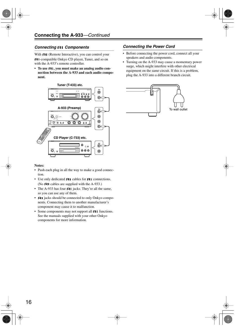 Connecting the a-933 —continued | Onkyo A-933 User Manual | Page 16 / 24
