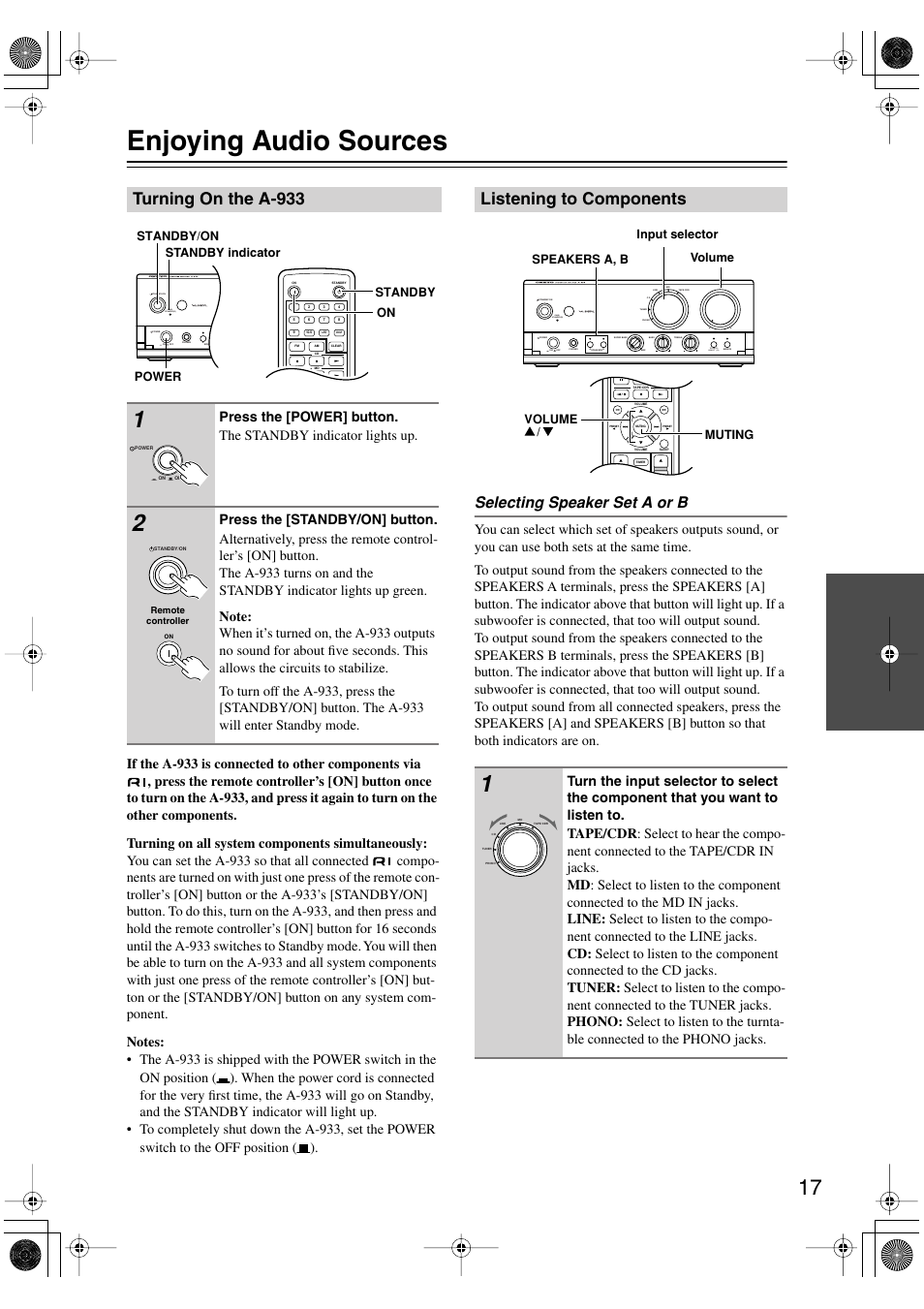 Enjoying audio sources, Turning on the a-933, Listening to components | Selecting speaker set a or b, Standby(r) on(g) | Onkyo A-933 User Manual | Page 17 / 24