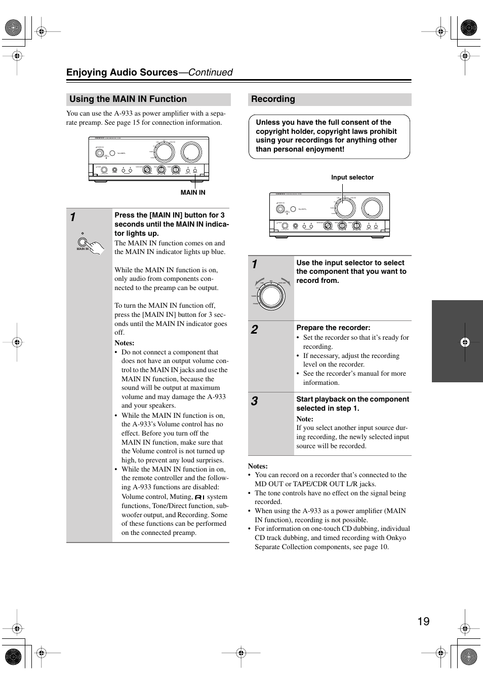 Enjoying audio sources —continued, Using the main in function, Recording | Onkyo A-933 User Manual | Page 19 / 24