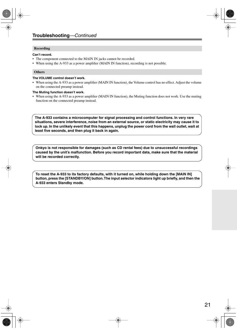 Troubleshooting —continued | Onkyo A-933 User Manual | Page 21 / 24