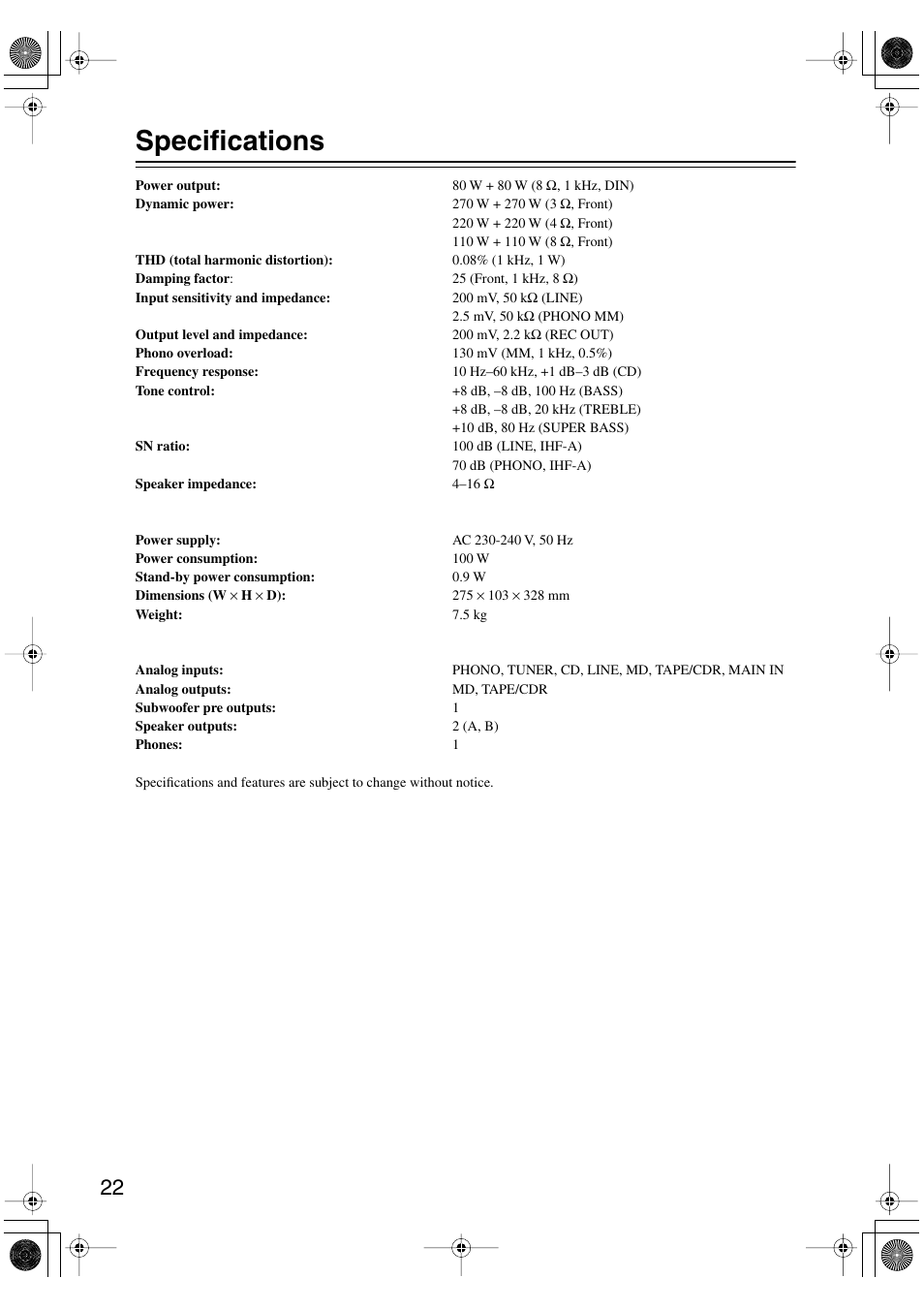 Specifications | Onkyo A-933 User Manual | Page 22 / 24