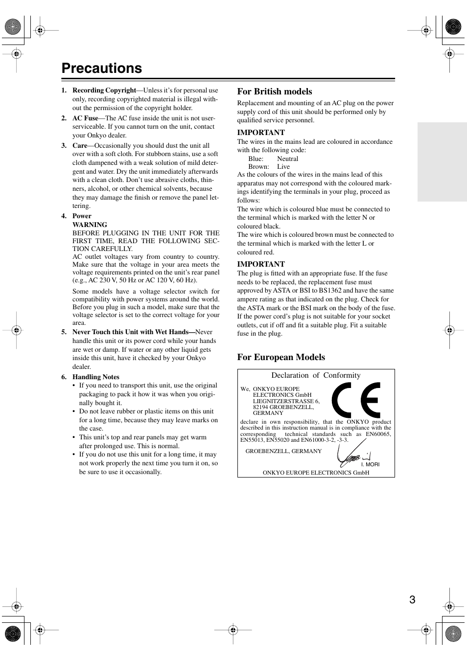 Precautions, For british models, For european models | Onkyo A-933 User Manual | Page 3 / 24