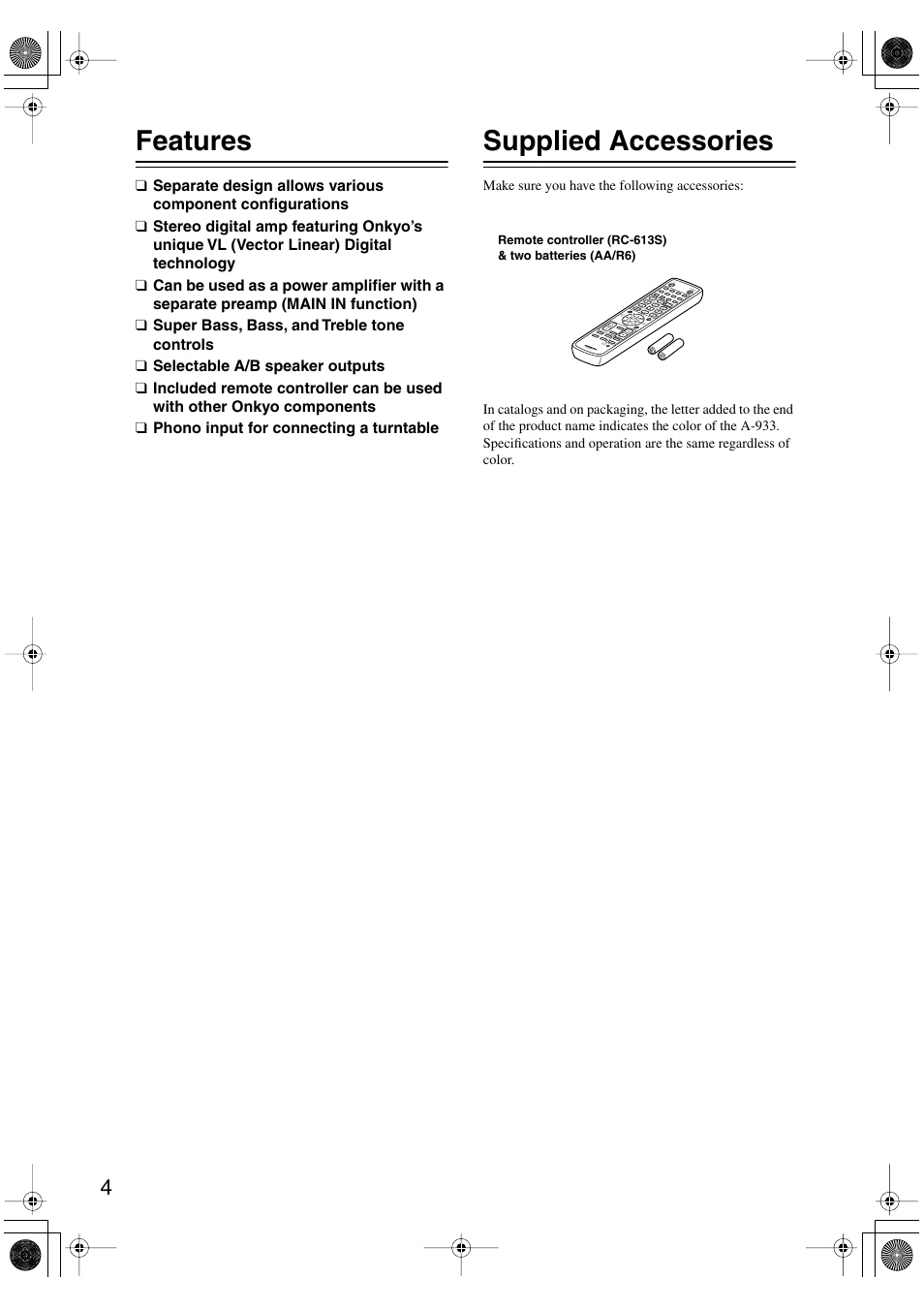 Features, Supplied accessories | Onkyo A-933 User Manual | Page 4 / 24