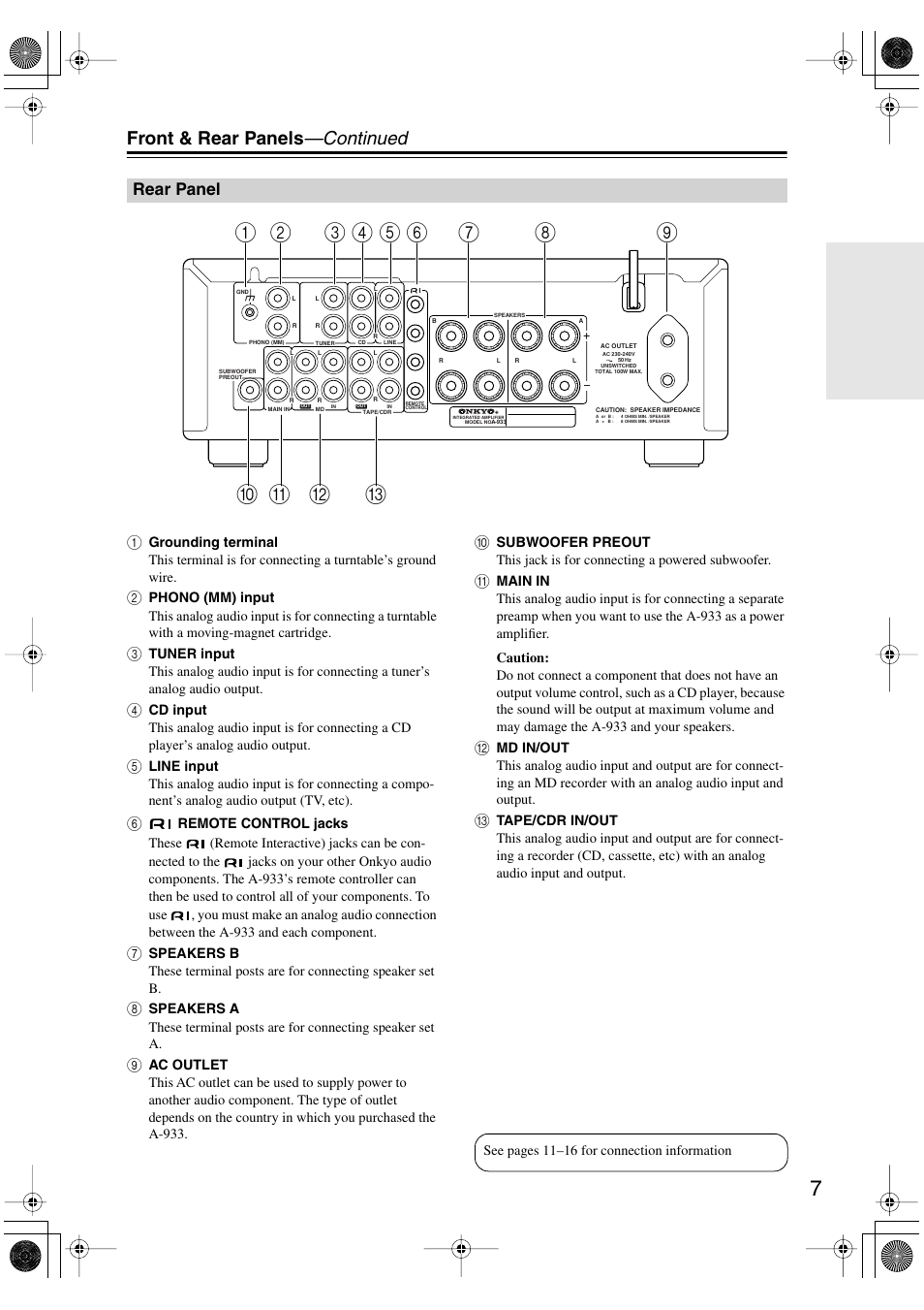 Front & rear panels —continued, Rear panel | Onkyo A-933 User Manual | Page 7 / 24