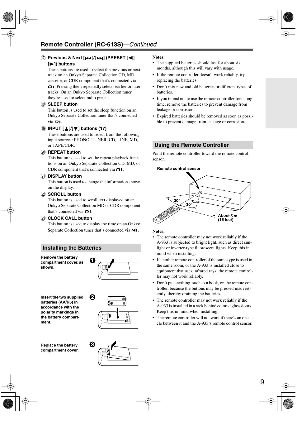 Remote controller (rc-613s) —continued | Onkyo A-933 User Manual | Page 9 / 24