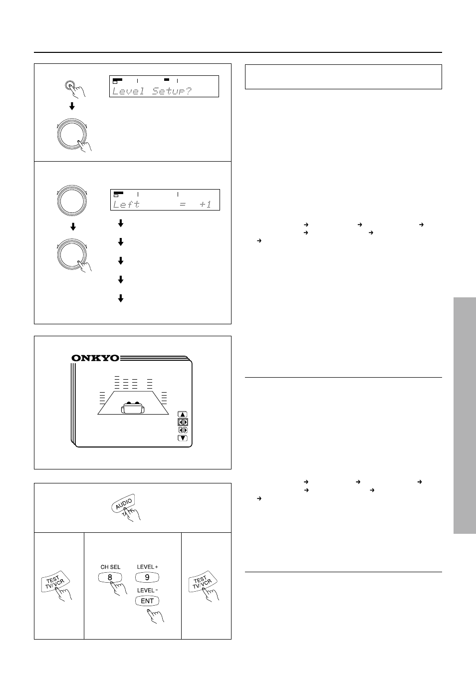 Setting the speaker level, Center right r-sur l-sur sw | Onkyo TX-DS777 User Manual | Page 21 / 64