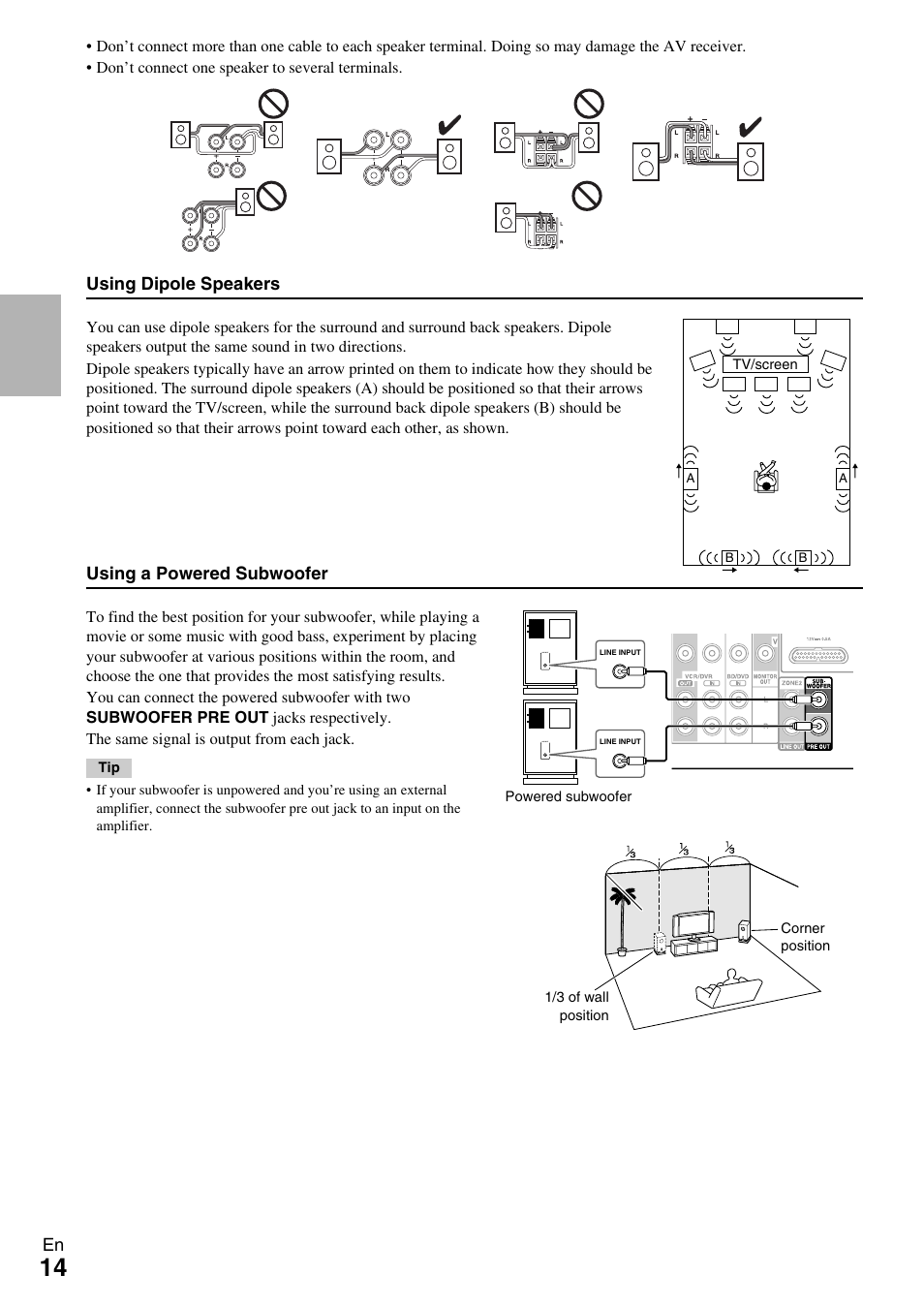 Using dipole speakers, Using a powered subwoofer | Onkyo TX-NR609 User Manual | Page 14 / 88