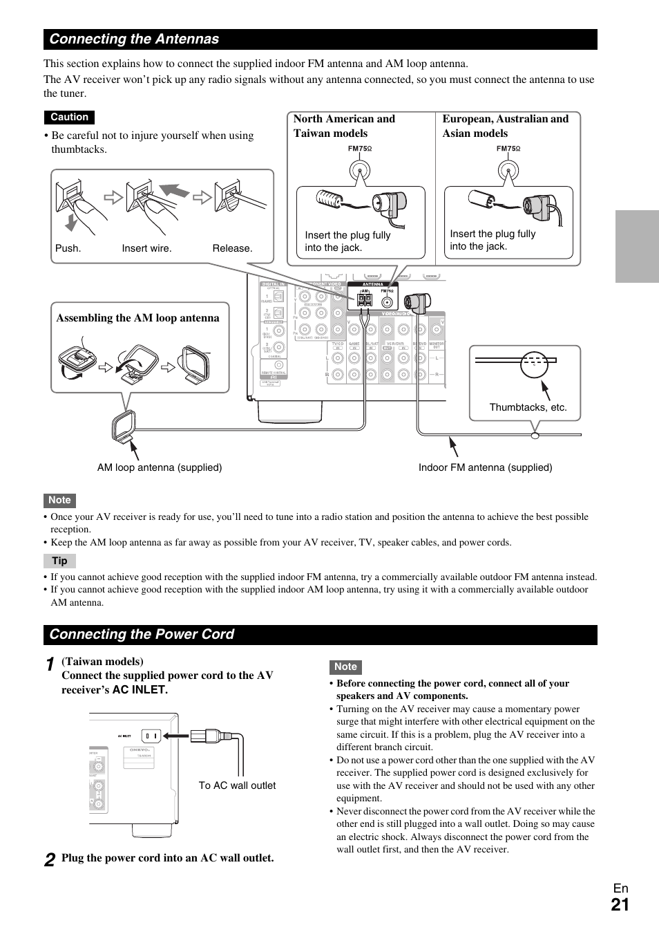 Connecting the antennas, Connecting the power cord, Connecting the antennas connecting the power cord | Onkyo TX-NR609 User Manual | Page 21 / 88