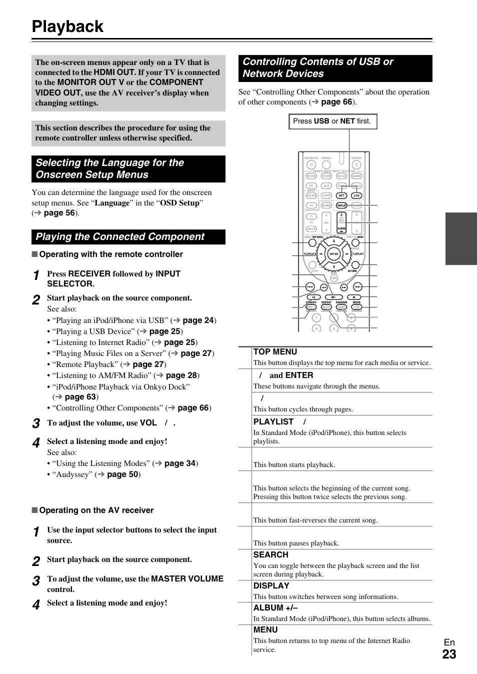 Playback, Playing the connected component, Controlling contents of usb or network devices | Selecting the language for the onscreen, Setup menus, Tor (23 | Onkyo TX-NR609 User Manual | Page 23 / 88