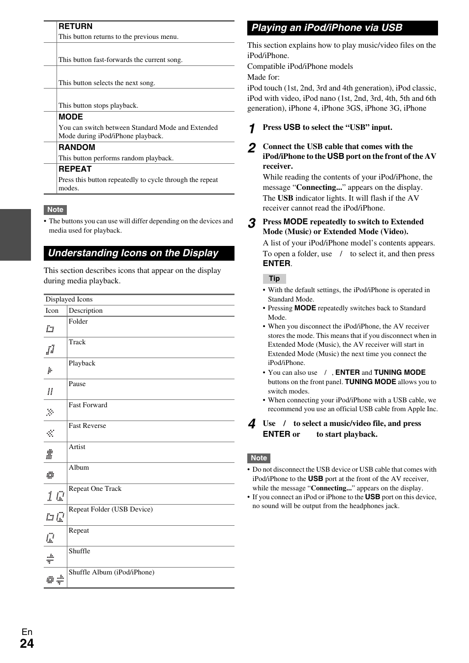 Understanding icons on the display, Playing an ipod/iphone via usb | Onkyo TX-NR609 User Manual | Page 24 / 88