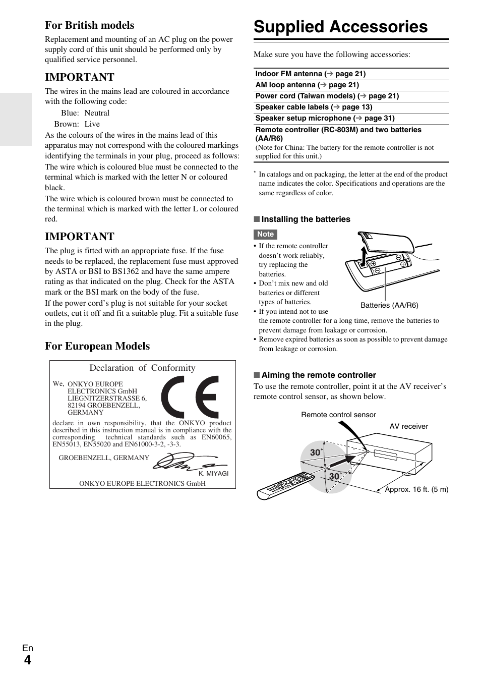 Supplied accessories, For british models, Important | For european models | Onkyo TX-NR609 User Manual | Page 4 / 88