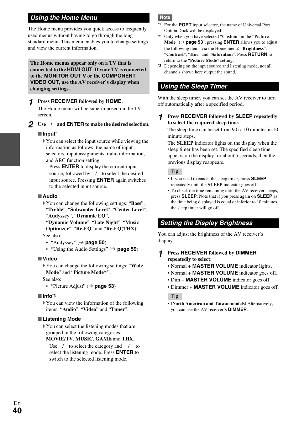 Using the home menu, Using the sleep timer, Setting the display brightness | Onkyo TX-NR609 User Manual | Page 40 / 88