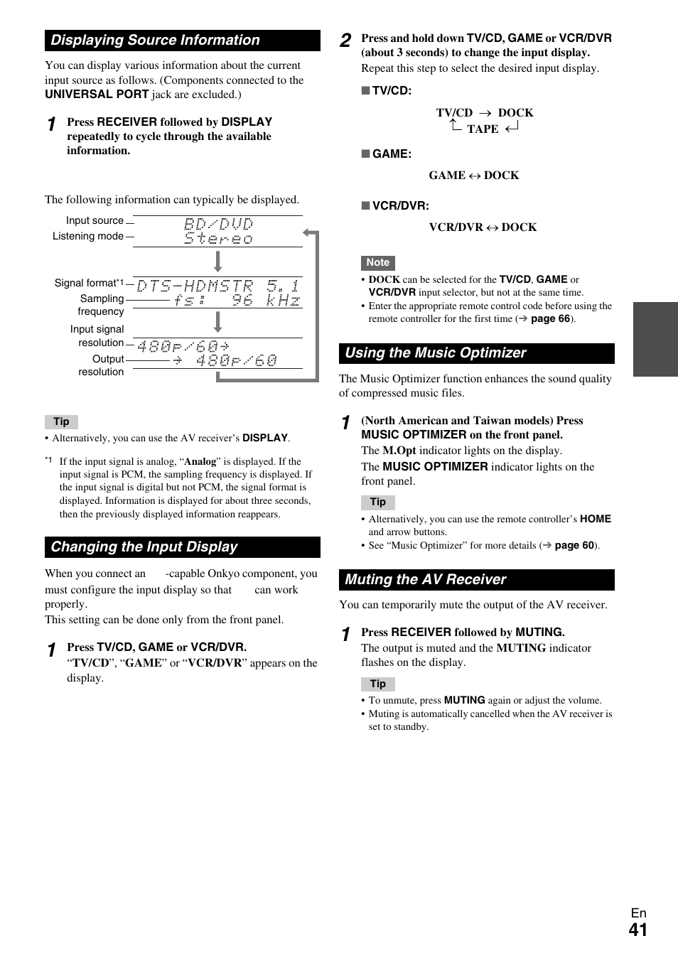 Displaying source information, Changing the input display, Using the music optimizer | Muting the av receiver, N (41 | Onkyo TX-NR609 User Manual | Page 41 / 88