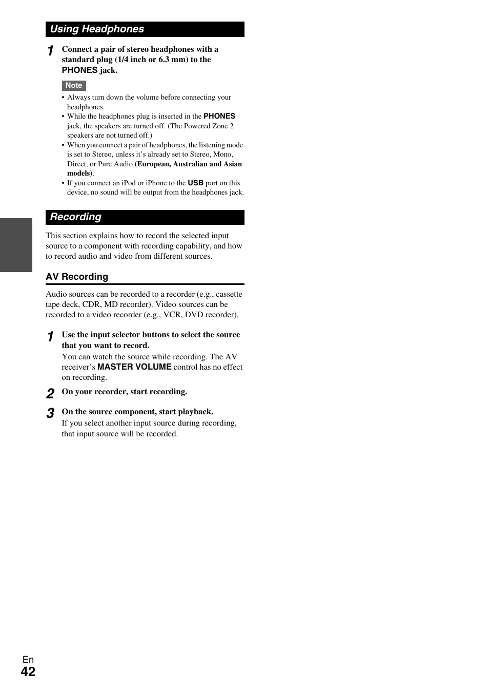 Using headphones, Recording, Using headphones recording | Ck (42, See “recording” for de | Onkyo TX-NR609 User Manual | Page 42 / 88