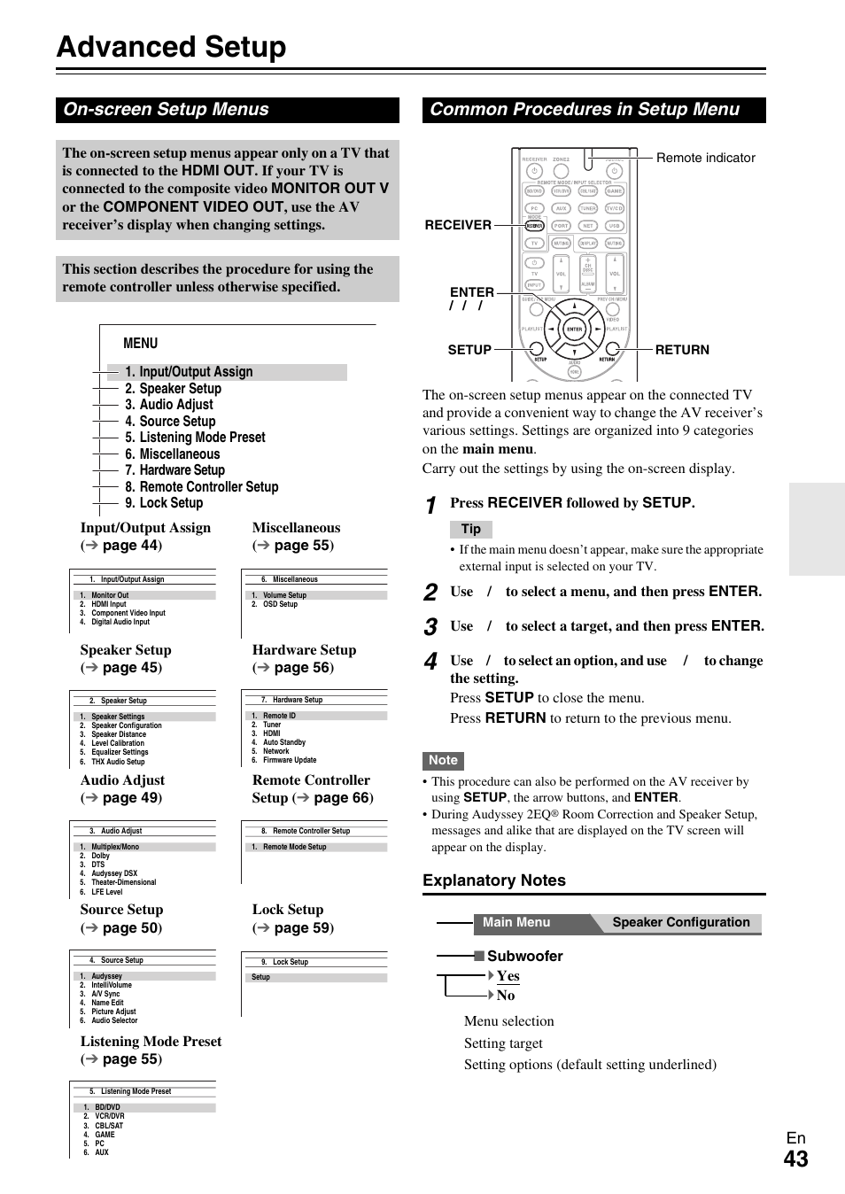 Advanced operations, Advanced setup, On-screen setup menus | Common procedures in setup menu, On (43, N (43, Advanced setup” f | Onkyo TX-NR609 User Manual | Page 43 / 88
