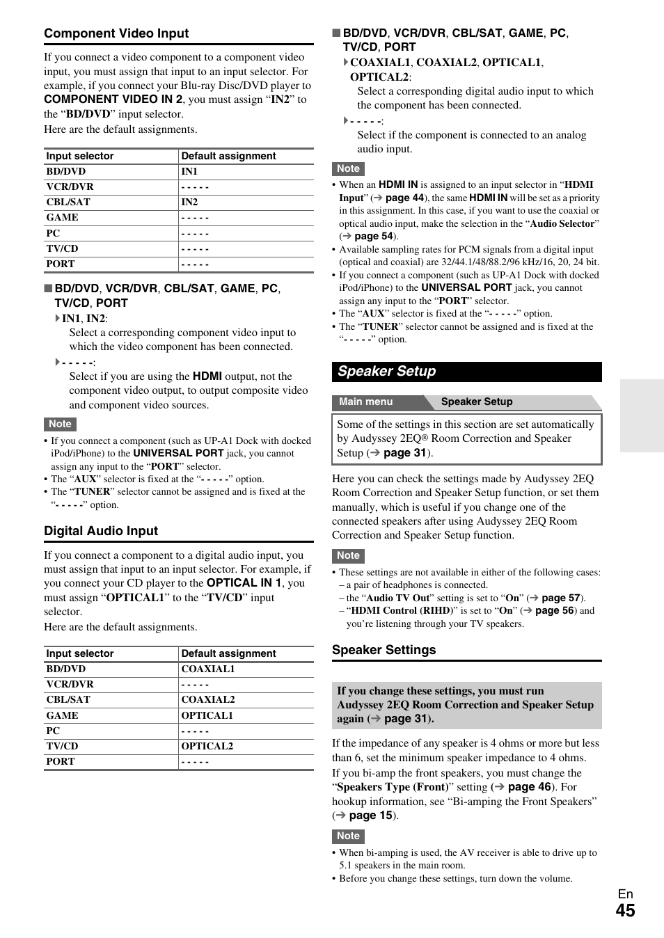 Speaker setup, Perform the “speaker setup, Component video input | Onkyo TX-NR609 User Manual | Page 45 / 88