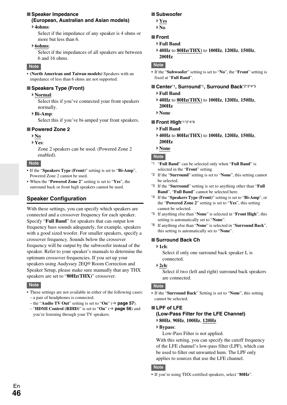 Ected in the “speaker configuration” menu, Speaker configuration” for, Speaker configuration | E “speaker configuration” for the | Onkyo TX-NR609 User Manual | Page 46 / 88