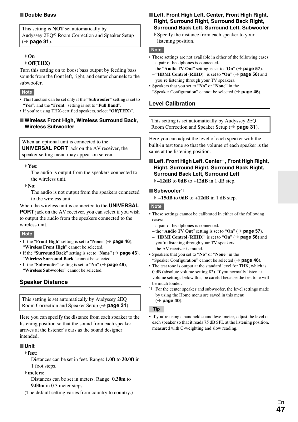 Speaker distance, Level calibration | Onkyo TX-NR609 User Manual | Page 47 / 88