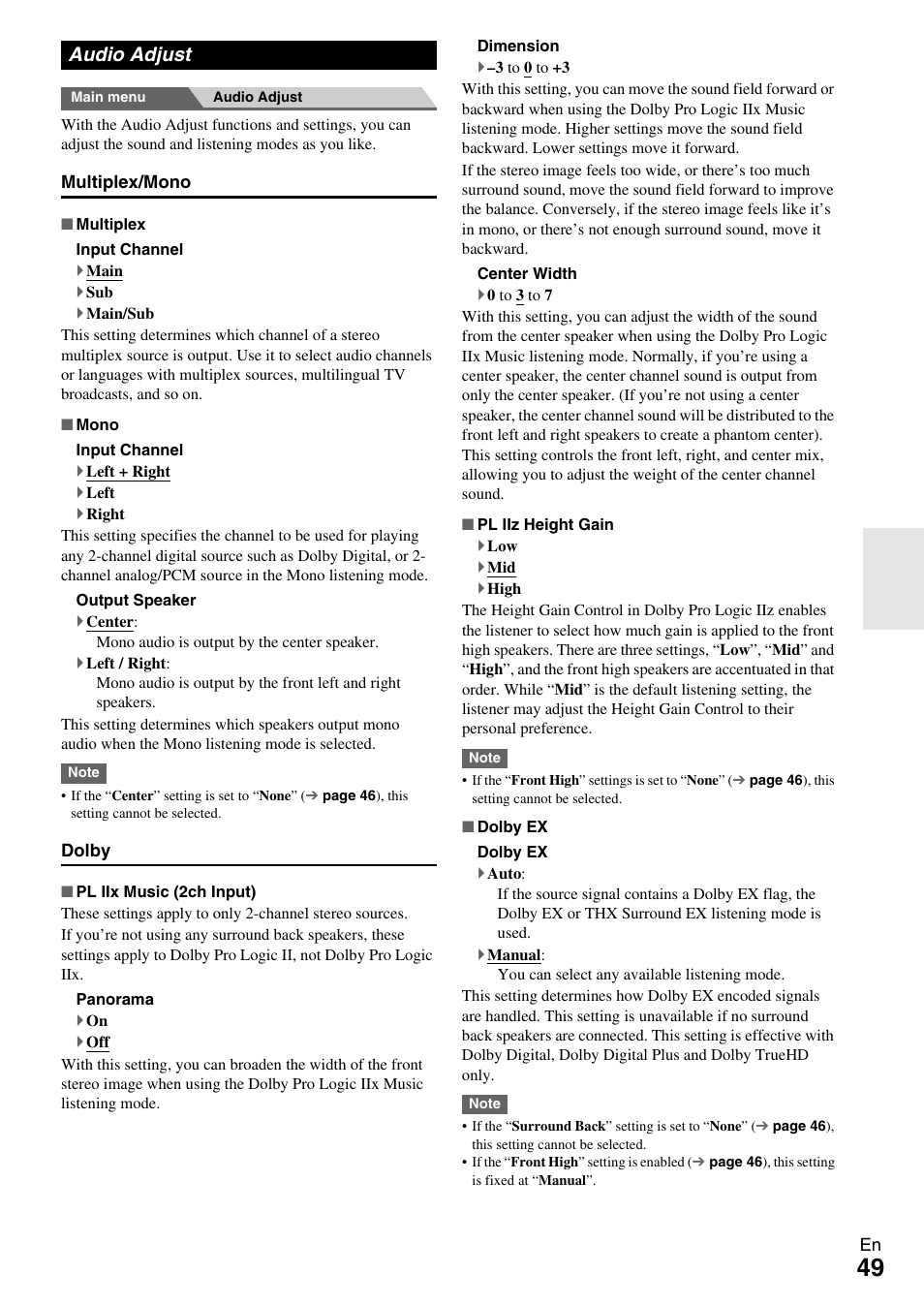 Audio adjust | Onkyo TX-NR609 User Manual | Page 49 / 88