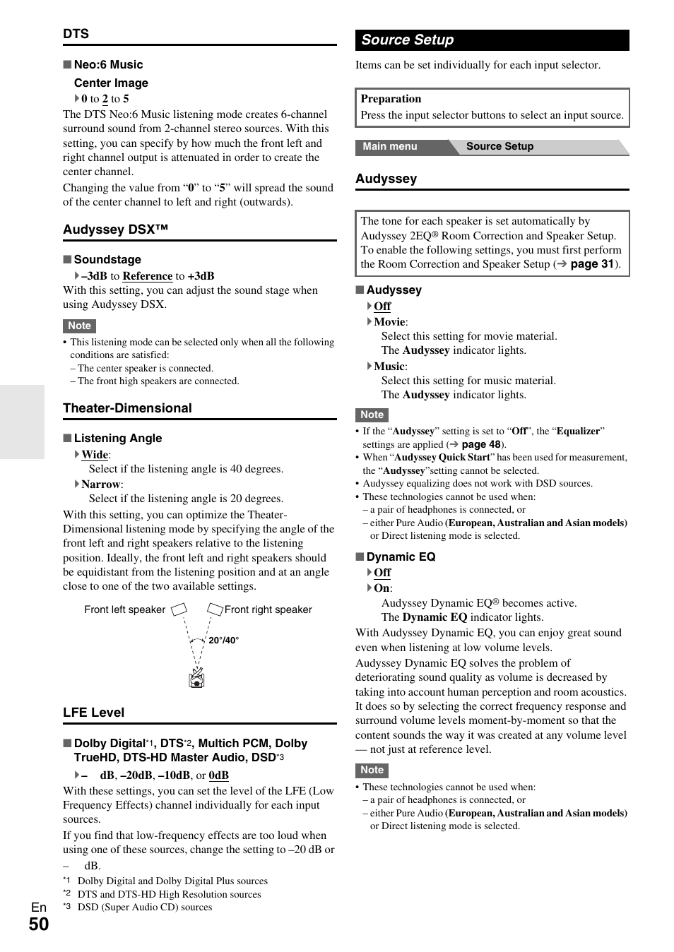Source setup, Cator, Audyssey | The menu will display the “audyssey, Dynamic eq | Onkyo TX-NR609 User Manual | Page 50 / 88