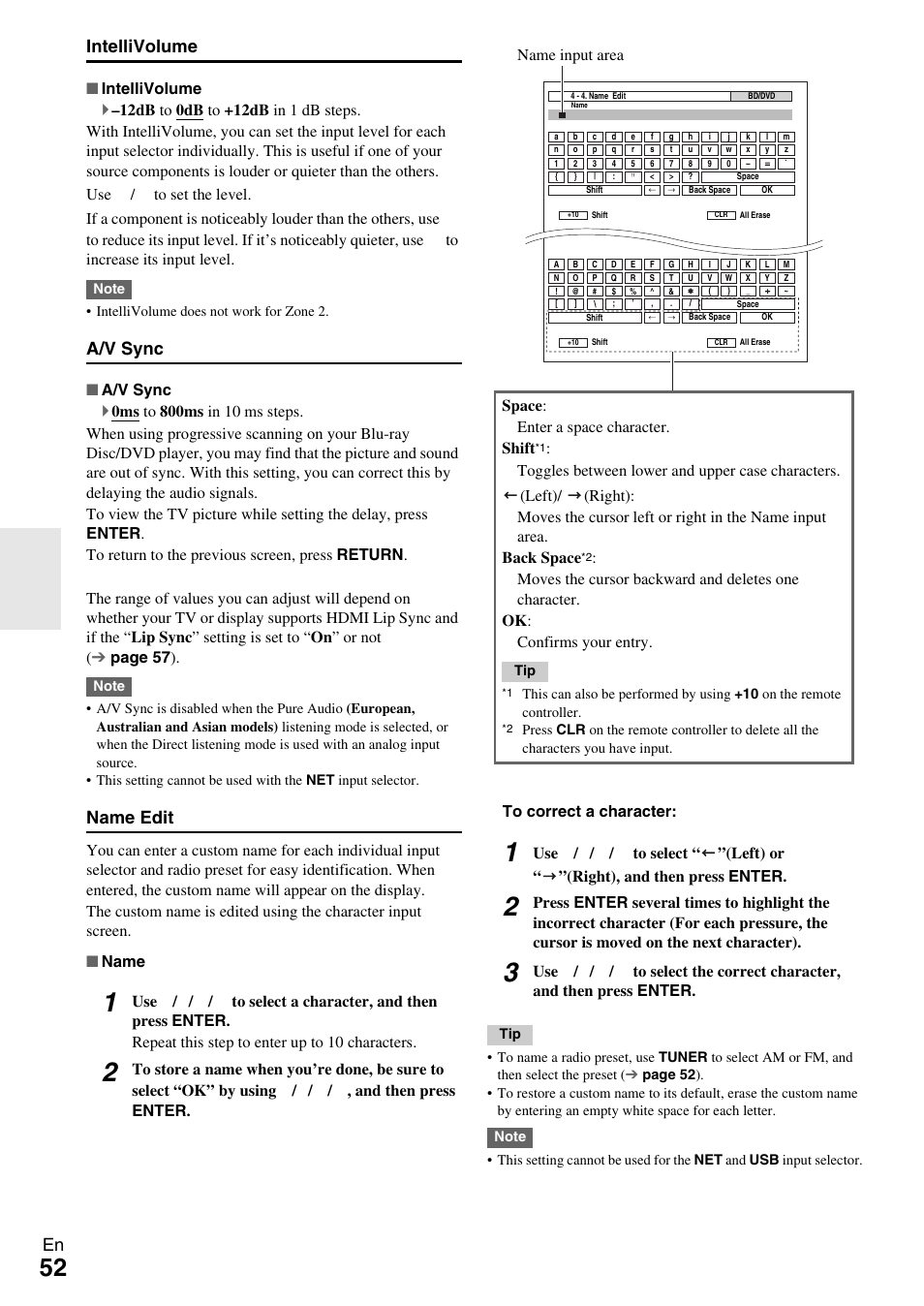 En intellivolume, A/v sync, Name edit | Onkyo TX-NR609 User Manual | Page 52 / 88