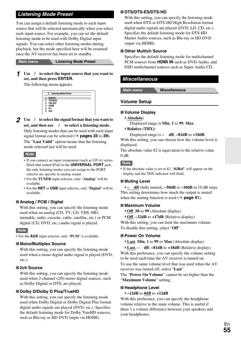 Listening mode preset, Miscellaneous, Listening mode preset miscellaneous | Onkyo TX-NR609 User Manual | Page 55 / 88