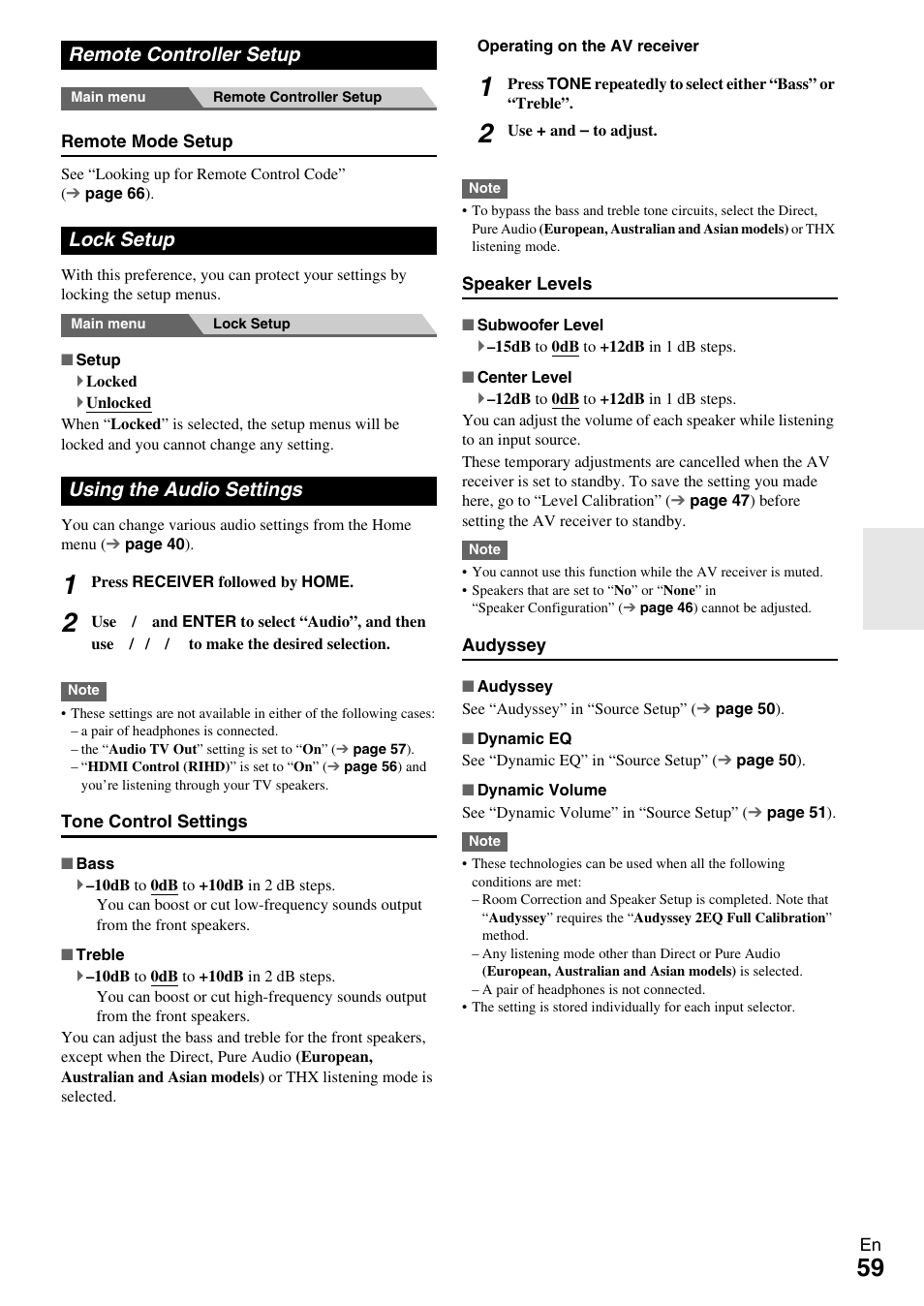 Remote controller setup, Lock setup, Using the audio settings | Ons (59 | Onkyo TX-NR609 User Manual | Page 59 / 88