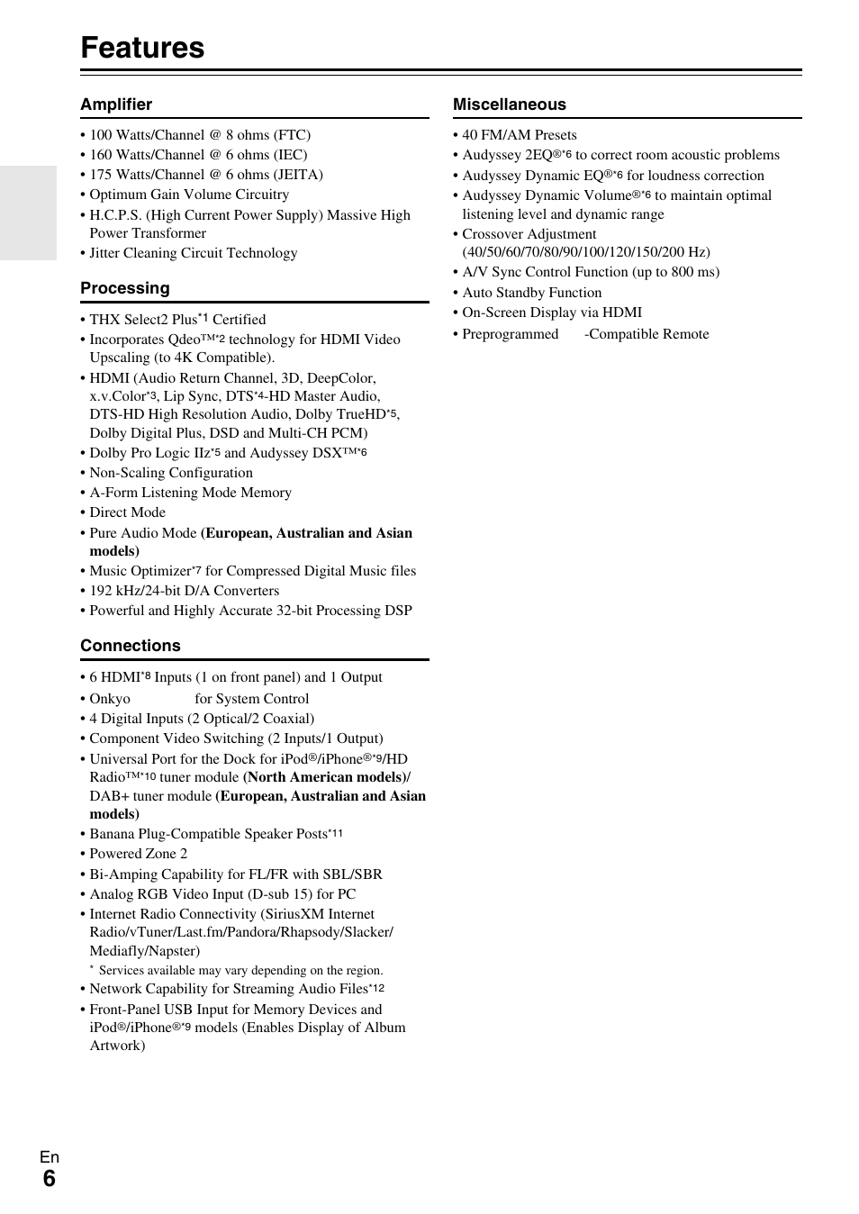 Features | Onkyo TX-NR609 User Manual | Page 6 / 88