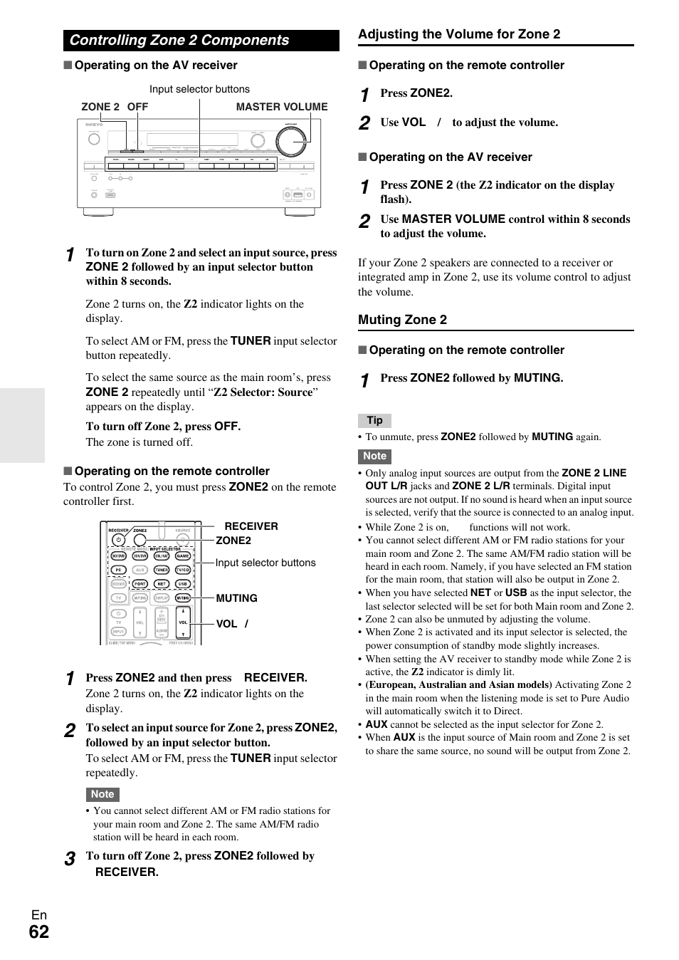 Controlling zone 2 components | Onkyo TX-NR609 User Manual | Page 62 / 88