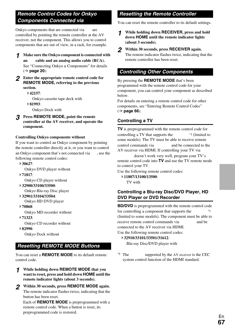 Resetting remote mode buttons, Resetting the remote controller, Controlling other components | Remote control codes for onkyo components, Connected via | Onkyo TX-NR609 User Manual | Page 67 / 88