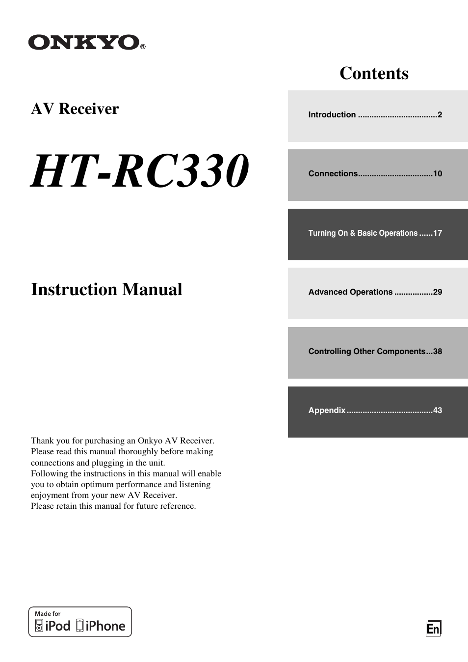 Onkyo AV RECEIVER HT-RC330 User Manual | 56 pages