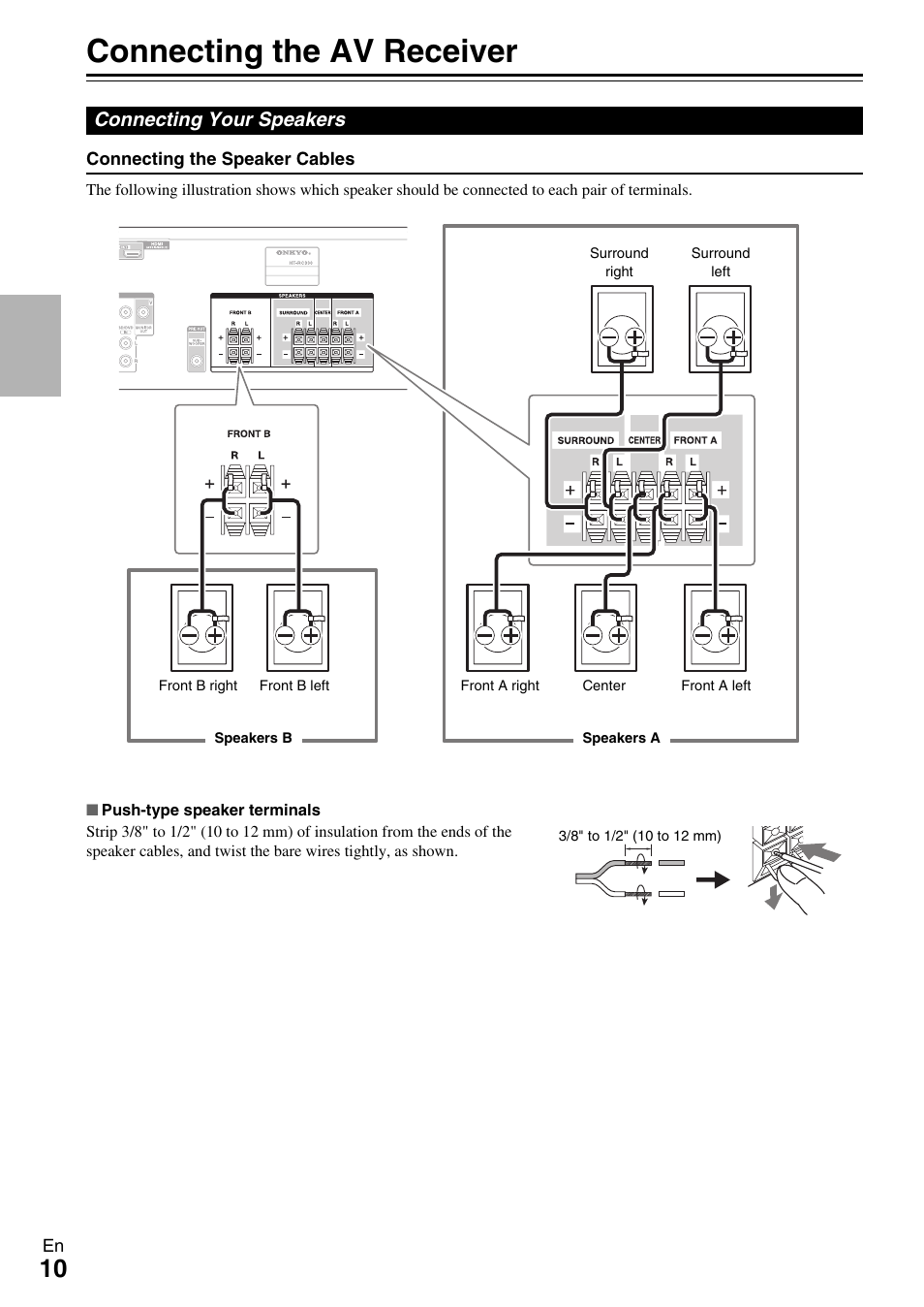 Connections, Connecting the av receiver, Connecting your speakers | See “connecting the av receiver” for con | Onkyo AV RECEIVER HT-RC330 User Manual | Page 10 / 56
