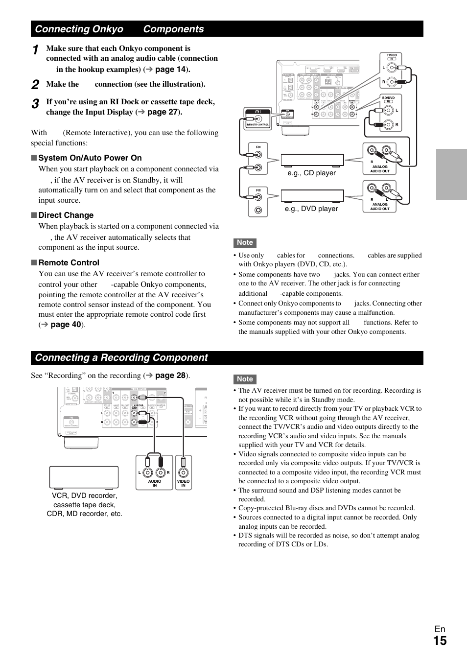 Connecting onkyo ri components, Connecting a recording component, Connecting onkyo | Connecting onkyo components | Onkyo AV RECEIVER HT-RC330 User Manual | Page 15 / 56