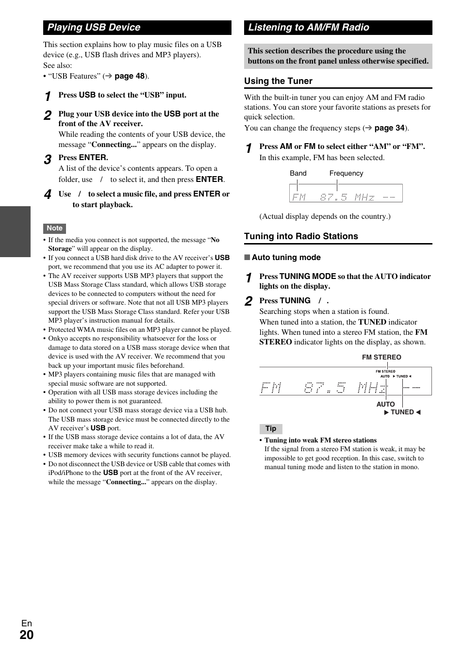 Playing usb device, Listening to am/fm radio, Playing usb device listening to am/fm radio | Button (20) | Onkyo AV RECEIVER HT-RC330 User Manual | Page 20 / 56
