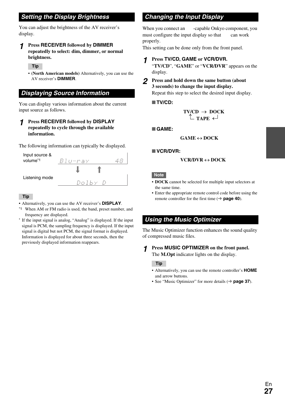 Setting the display brightness, Displaying source information, Changing the input display | Using the music optimizer, Button (27 | Onkyo AV RECEIVER HT-RC330 User Manual | Page 27 / 56