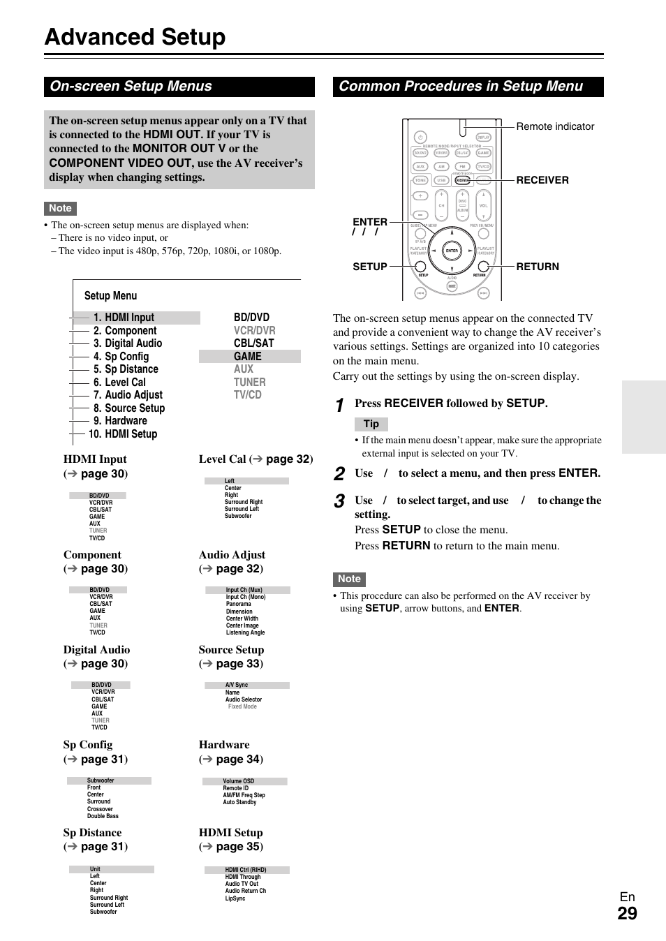Advanced operations, Advanced setup, On-screen setup menus | Common procedures in setup menu, Button (29), N (29, E “advanced setup” fo | Onkyo AV RECEIVER HT-RC330 User Manual | Page 29 / 56